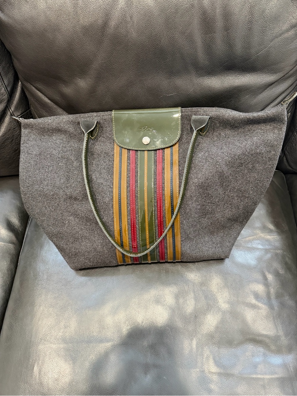 Rare Longchamp wool and patent leather striped Pliage large tote bag